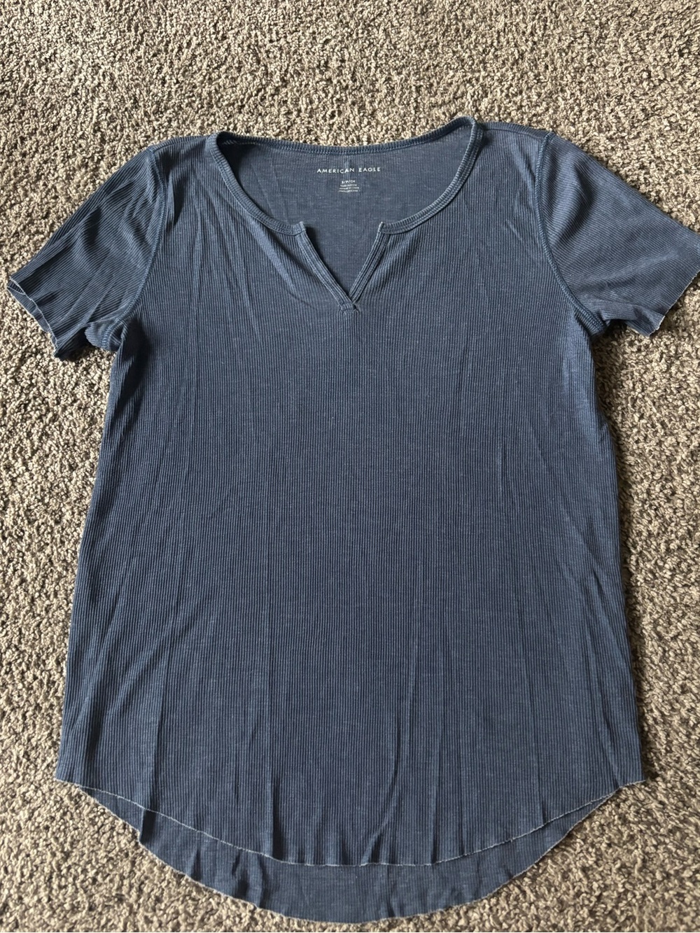 American Eagle Outfitters Navy Ribbed Short-Sleeve V-Notch Tee